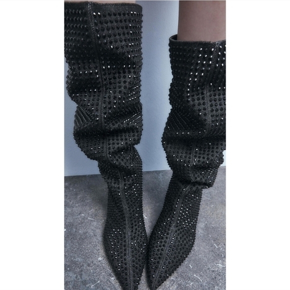 Zara NWT Pointed Toe Rhinestone heeled knee high boots - Picture 3 of 12